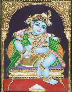 a painting of a hindu god sitting on a bed with a fish in his hand