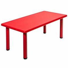 a red plastic table with black legs on a white background, viewed from the front