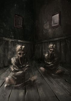 two creepy men sitting on a wooden floor in a room with dark walls and wood floors