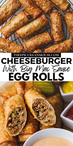 cheeseburger with egg rolls and dipping sauce