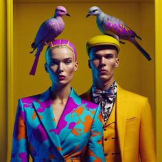 two mannequins dressed in brightly colored clothing with birds on their heads, standing next to each other