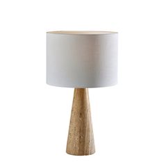 a wooden table lamp with a white shade