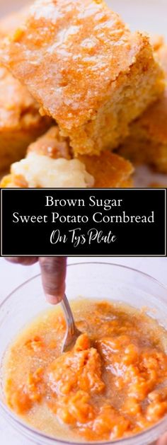 brown sugar sweet potato cornbread is being spooned into a glass bowl with sauce