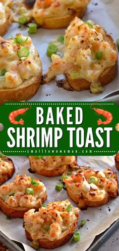 an easy baked shrimp toast recipe on a baking sheet with text overlay that reads easy baked shrimp toast