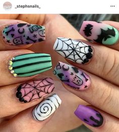 Gel Nail Designs Halloween Short, Simple Witchy Nails Short, Halloween Nail Stamping Ideas, Short Coffin Halloween Nails, Horror Nails Designs, Real Nail Designs, Pastel Halloween Nails, Unique Halloween Nails, Halloween Nail Colors