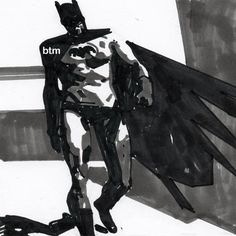 a black and white drawing of a batman standing in front of a window with the word bmt on it