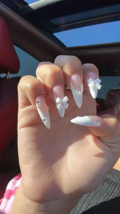 White French Wedding Nails, Luxury French Tip Nails, Almond Charm Nails, Pointed Nails Design, Almond Nails Bling, Xl Almond Nails, French Tip Almond Nails Long, Korean Inspired Nails, Almond Nails With Gems