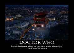 a red double decker bus flying over a city at night with the caption doctor who