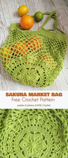 a green crochet bag with oranges on it