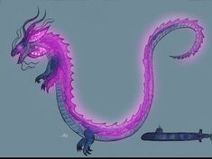 a drawing of a purple dragon next to a blue submarine with its tail curled up