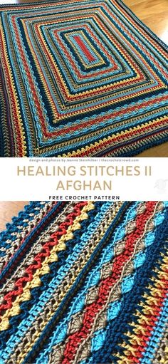 two crocheted afghans on the floor with text overlay that reads, healing stitches afghan free crochet pattern