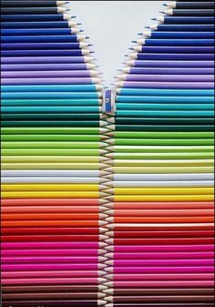 an open zipper with many colored pencils in the bottom and bottom, all lined up