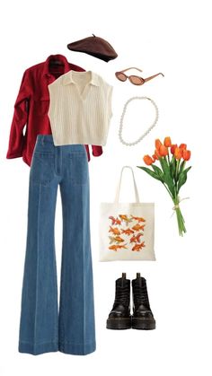 Red Fall 2023 Outfits, Orange Necklace Outfit, Italy Aesthetic Outfit Fall, April Aesthetic Outfits, Dapper Outfits Women, 60s Aesthetic Clothes, Orange Beret Outfit, Art Curator Aesthetic Outfits, 70s Midsize Fashion