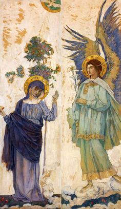 two paintings of angels with blue and green robes, one holding a flower in her hand