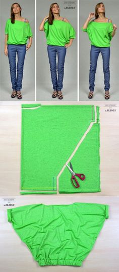 a woman in green shirt and blue jeans making a cutout for her pants with scissors