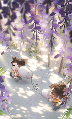 two cartoon characters are playing with each other in front of some purple flowers and trees