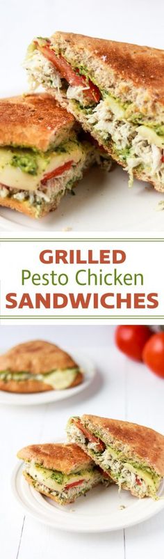 grilled pesto chicken sandwiches on a white plate with tomatoes in the background and text overlay that reads grilled pesto chicken sandwiches