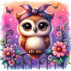 an owl sitting on top of a fence with pink flowers and butterflies around her neck