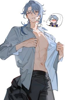 an anime character with blue hair is holding his shirt open and looking at the camera