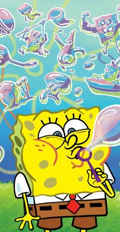 spongebob blowing bubbles in the air