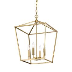 a golden metal lantern hanging from the ceiling with four candles in it and one light on each side