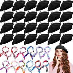 PRICES MAY VARY. Sufficient Quantity: you will get 24 french wool beret hats in black, which are bright and eye catching, and 24 matching silk scarves in different styles; There are 48 pieces of berets and silk scarves, with sufficient quantity and beautiful and colorful styles, which can well meet your various dressing needs Added Charm: true to classic French style, our ladies French beret hats and scarves feature a traditional design with a flat crown and a snug fit; Romantic, elegant and pre Artist Beret, Artist Hat, French Beret Hat, Beret Hats, Classic French Style, French Beret, Wool Beret, Wool Berets, Costume Themes