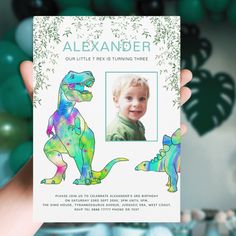 a child's birthday card with an image of a dinosaur