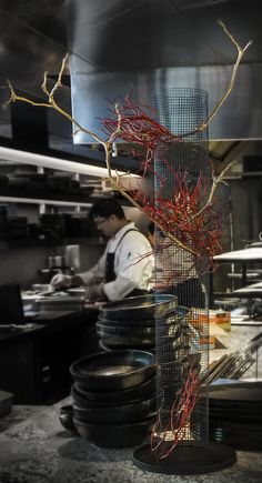 a person in a kitchen preparing food on top of a counter with red vines growing out of it