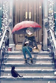 a woman sitting on the steps with an umbrella over her head and a cat standing next to her