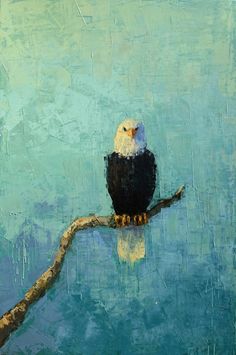 an oil painting of a bald eagle perched on a tree branch in front of a blue background