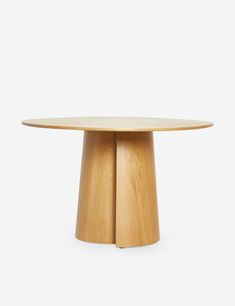 a round wooden table with two legs and a circular top, on a white background