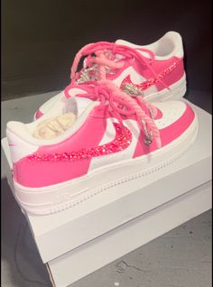 Message me first about your customizations. 5 day turnaround This version is  for :  Shoe, Painting, Fat Rope  Laces, and 2 matching laces with rivets drilled into shoes and rhinestones   ** Returns not accepted as these are customized by hand.  There may be minor imperfections.  Shipping insurance & a signature is required. Pink Nike Air Shoes, Customize Nike Shoes, Graduation Shoes Ideas, Customized Jordans, Baddie Shoes Sneakers, Nike Custom Shoes, Custom Forces, Custom Tennis Shoes, Paint Shoes