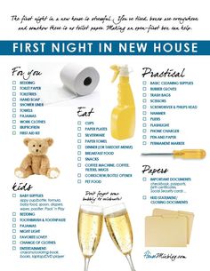 the first night in new house checklist is filled with champagne, toiletries and other items