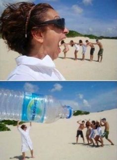 two pictures of people on the beach with water bottles