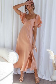 Park Avenue Flutter Sleeve Side Split Midi Dress Apricot by Selfie Leslie Haute Couture, Peach Bridesmaid Dresses, Midi Bridesmaid Dress, Side Dress, Summer Wedding Guests, Guest Attire, Peach Dress, Wedding Attire Guest, Wedding Guest Dress Summer