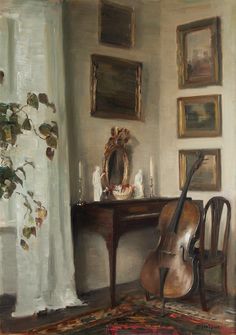 an oil painting of a violin in front of a table with candles and pictures on the wall