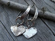 "Gorgeous solid handcrafted artisan sterling silver hearts and artisan sterling silver ear wires this one of a kind earrings are 1.5\" long. Rustic and modern they will make a statement! I have oxidized and polished the metal to a beautiful shine to bringing out all of the textures." Sterling Silver Heart Earrings, Handmade Silver Jewellery, Silver Heart Earrings, Urban Modern, Rustic Jewelry, Earrings Inspiration, Funky Jewelry, Sterling Silver Dangle Earrings, Silver Jewelry Handmade