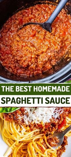 the best homemade spaghetti sauce is in this slow cooker and ready to be eaten