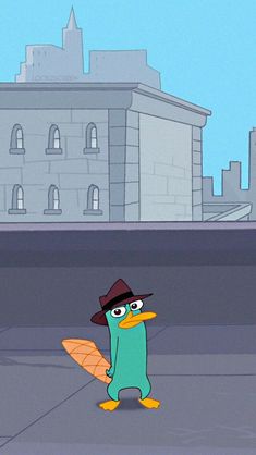 a cartoon character is walking down the street wearing a hat and holding a surfboard