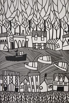 a black and white drawing of trees, houses, and boats in the water with lines on them