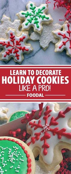 decorated holiday cookies with text overlay that reads learn to decorate holiday cookies like a pro