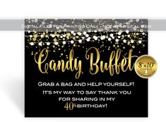 a black and gold birthday card with the words candy buffet on it, surrounded by confetti