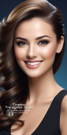 a woman with long brown hair smiling at the camera, wearing a black dress and diamond necklace