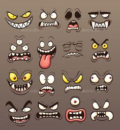 cartoon monster faces with different expressions and mouths, set of various facial expressions on dark background