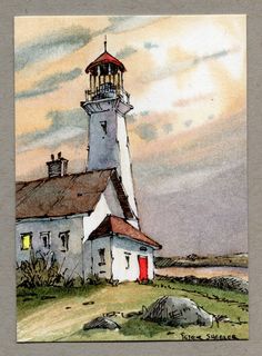 a watercolor painting of a lighthouse on the coast