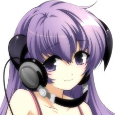 a girl with purple hair wearing headphones