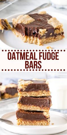 three different views of oatmeal fudge bars stacked on top of each other