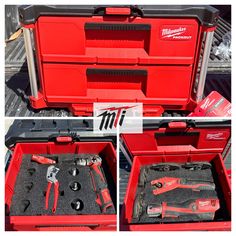 two pictures of tools in a red tool box