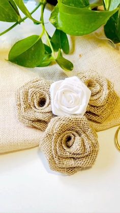 two burlap flowers are sitting next to each other on a table with gold rings