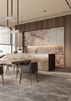 a modern kitchen with marble walls and flooring